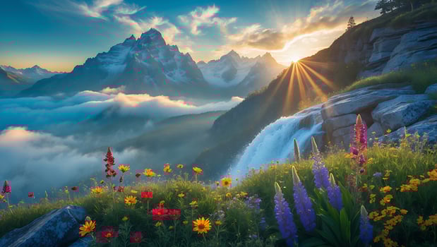 Majestic mountain landscape at sunrise with vibrant flowers and cascading waterfall in foreground photo