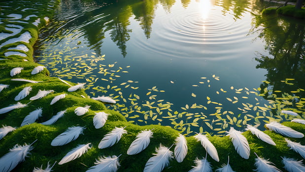 Serene pond with floating feathers and lily pads, surrounded by lush greenery and sunlight reflections photo