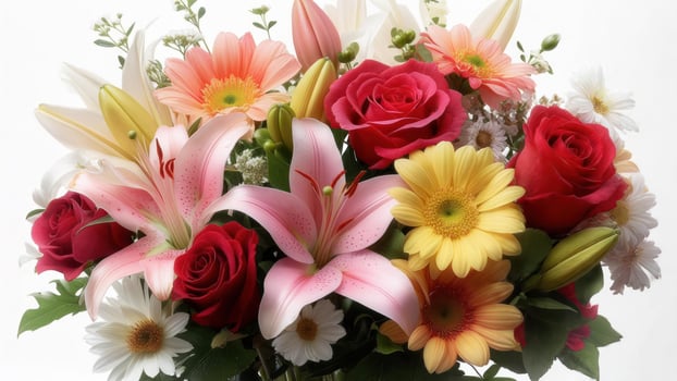 Vibrant bouquet of lilies, roses, and gerbera daisies photo