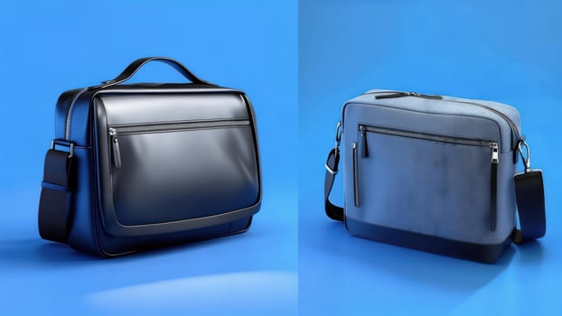 Two shoulder bags, one black leather, one gray fabric, against a blue backdrop photo