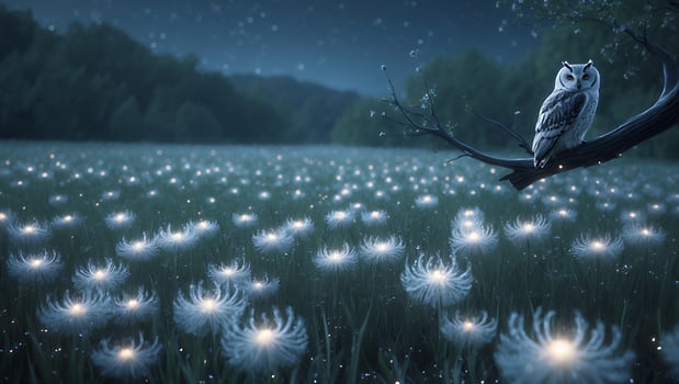 Serene night scene featuring an owl perched on a branch overlooking a glowing field of dandelions photo