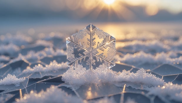 Crystal snowflake resting on frosty surface with sunlight glimmering in the background photo