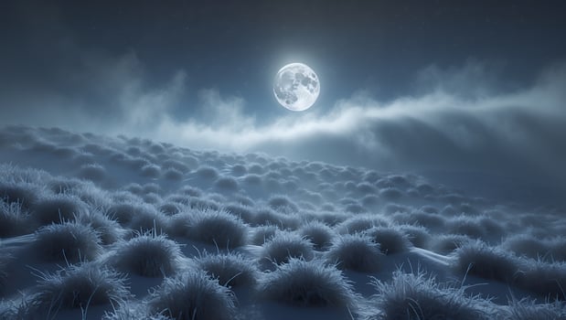 Serene moonlit landscape with frosty grass fields under a starry night sky, evoking tranquility photo