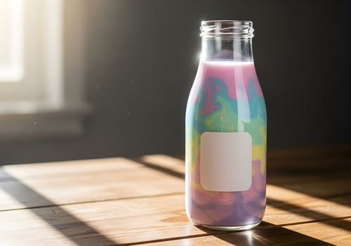 Glass Bottle of Rainbow Unicorn Milk on Wooden Table photo