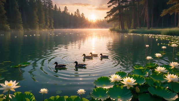 Serene lake at sunrise with ducks swimming among blooming water lilies and lush trees in the background photo