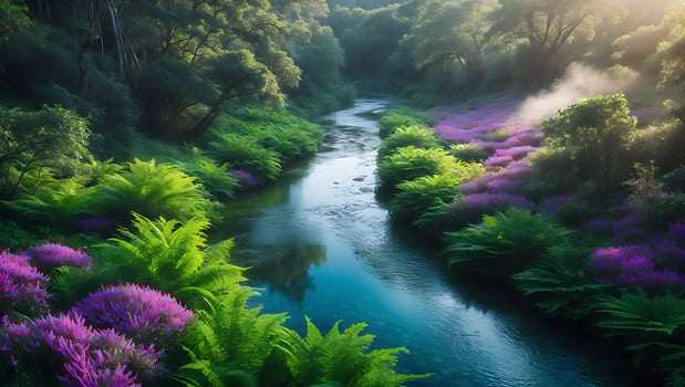 Serene river winding through lush greenery and vibrant purple flowers under soft morning light photo