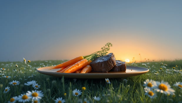 A plate with carrots and a steak on it photo