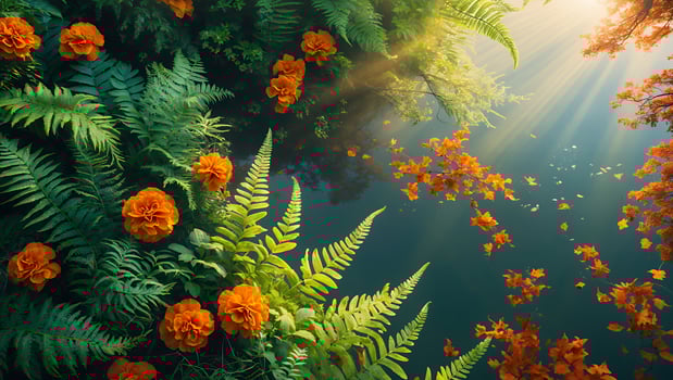 Vibrant autumn landscape with orange flowers and ferns illuminated by sunlight filtering through trees photo