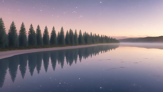 Serene river landscape at dawn with pine trees reflecting on calm waters under a starry sky photo