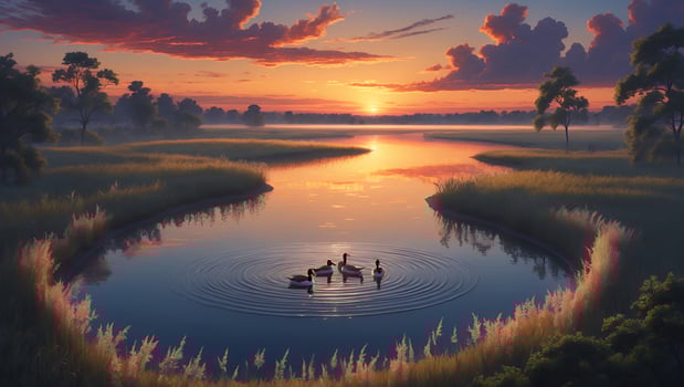 Serene sunset over a tranquil pond with ducks swimming amidst lush green reeds and reflections photo