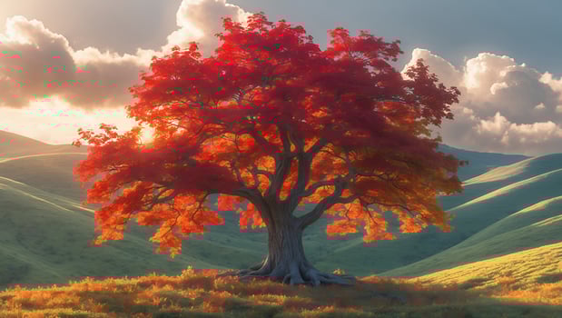 Vibrant autumn tree with red and orange leaves stands majestically on rolling green hills under a cloudy sky photo