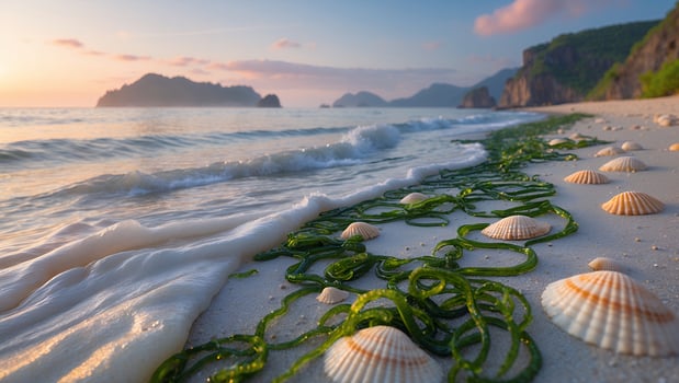 Scenic beach at sunset featuring seashells and seaweed along the shoreline with mountains in background photo