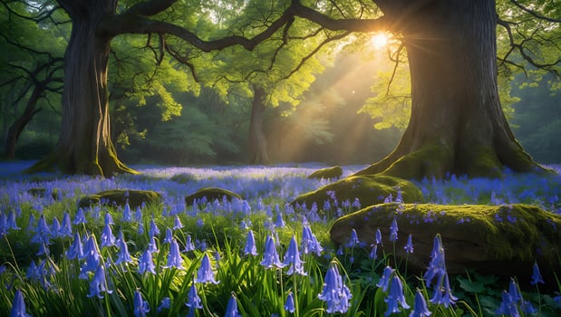 Serene forest scene with vibrant bluebell flowers under sunlit trees, evoking tranquility and nature's beauty photo