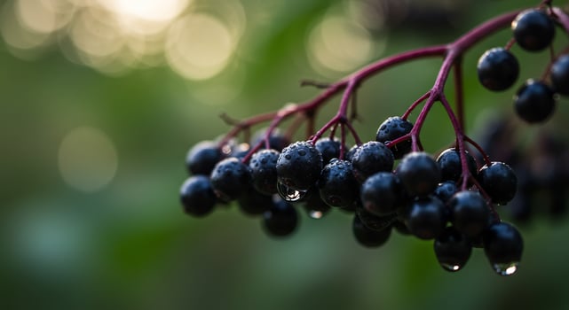 Fresh dark berries on a branch with rain drops, natural outdoor scene. photo
