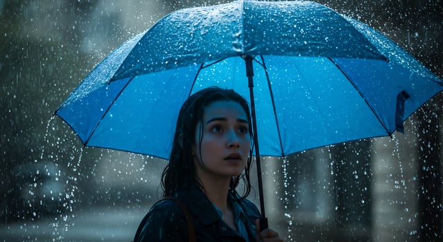 A woman holds a blue umbrella, protecting herself from the pouring rain. photo