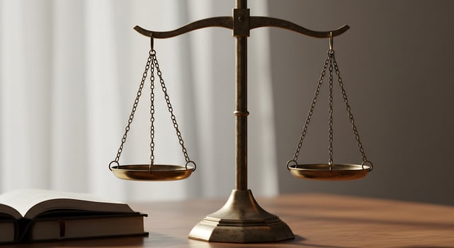 Brass justice scale and open law book on table, symbolizing fairness and legal system. photo