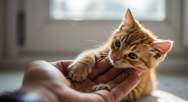 Adorable little orange kitten being gently petted by a human hand. photo