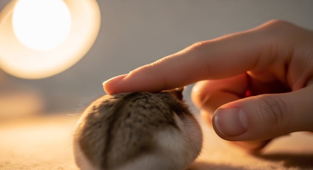 Close-up of a hand gently stroking a cute hamster under a warm, soft light. photo
