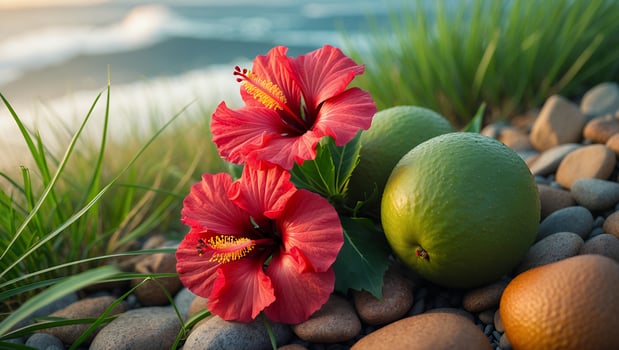 Vibrant red hibiscus flowers and green fruits resting on smooth pebbles by a serene beach at sunset photo