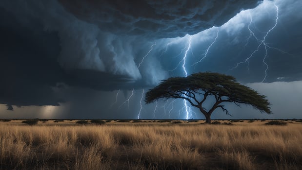 Dramatic lightning storm illuminating a solitary tree in a vast golden grassland under dark clouds photo