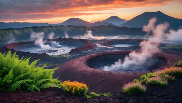 Majestic volcanic landscape at sunrise, showcasing steaming craters and lush greenery in foreground photo