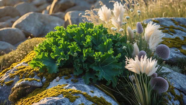 Lush green lettuce and delicate white flowers growing on a moss-covered rock in a serene landscape photo
