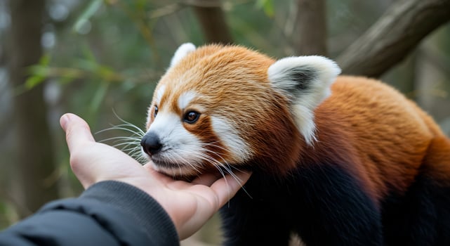 Close-up of a red panda being gently petted by a human hand in nature. photo