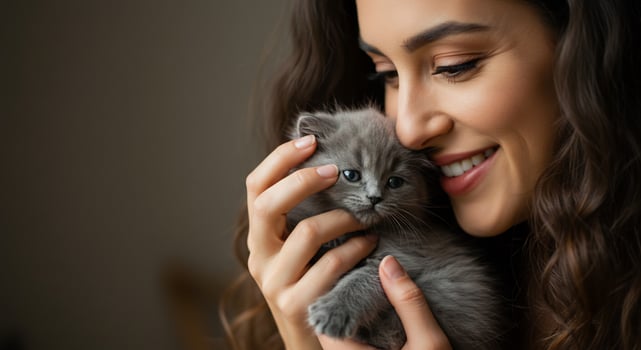 A beautiful young woman smiles while tenderly holding a fluffy gray kitten. photo