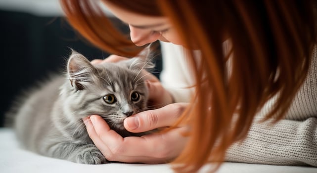 Red-haired woman gently pets a cute, fluffy gray kitten, showing affection. photo
