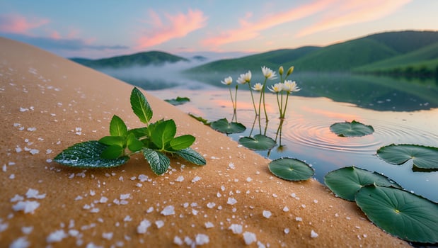 Serene lakeside view at dawn with blooming lilies and fresh mint leaves on sandy shore photo