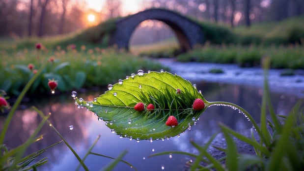 Close-up of a dewy leaf with red berries floating above a serene stream near a stone bridge at sunrise photo