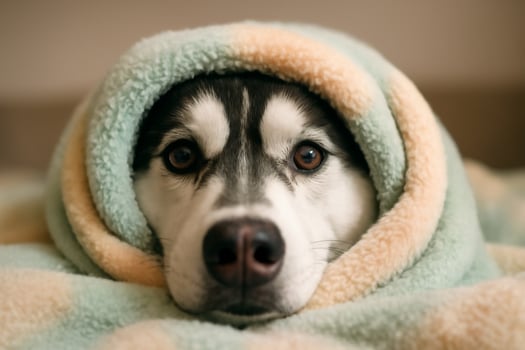A husky dog is wrapped in a blanket photo