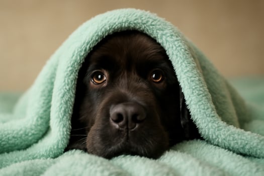 A black dog is covered in a green blanket photo