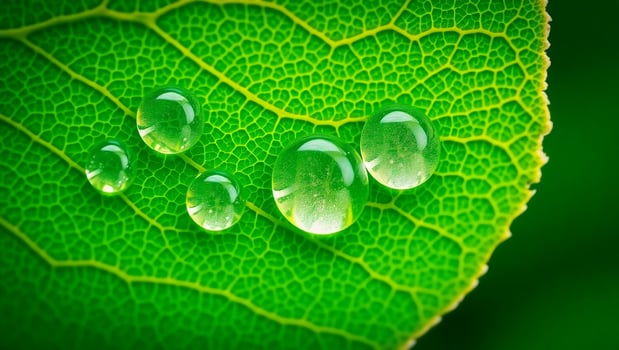 Vibrant Green Leaf with Dewdrops Macro Photography of Nature's Serenity photo
