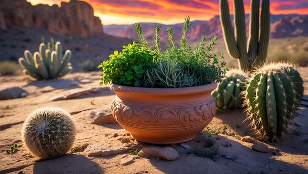 A beautifully arranged pot of herbs and cacti in a desert landscape during a vibrant sunset photo