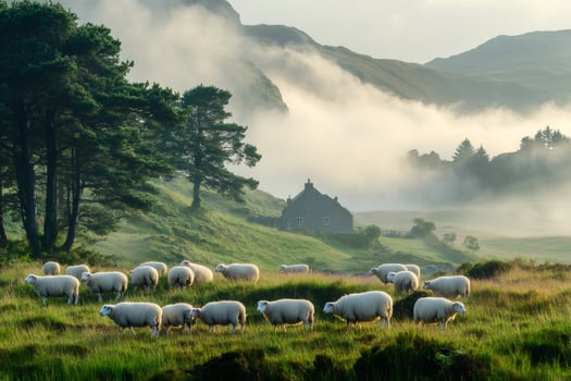 Sheep grazing in a foggy valley in Scotland near a traditional stone house photo