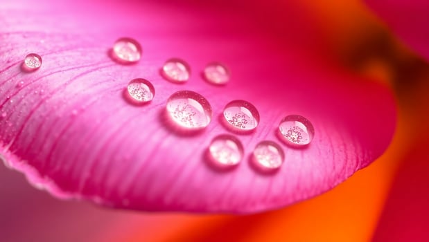 Macro Shot Delicate Water Droplets on Pink Flower Petal, Vibrant Colors. photo