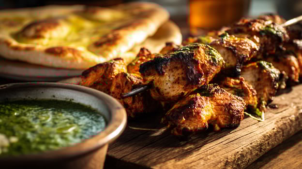 Chicken kebabs with naan and sauce photo