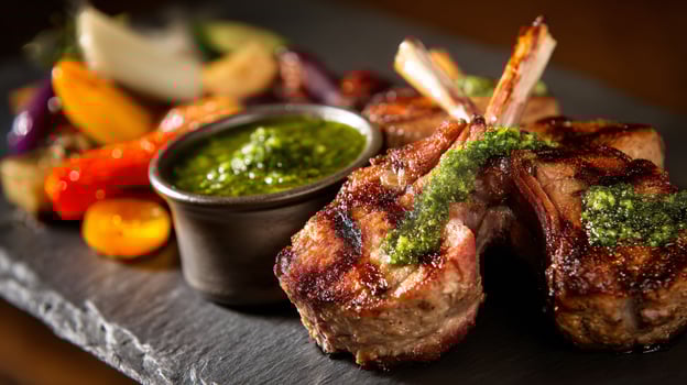 Grilled lamb chops with pesto sauce photo