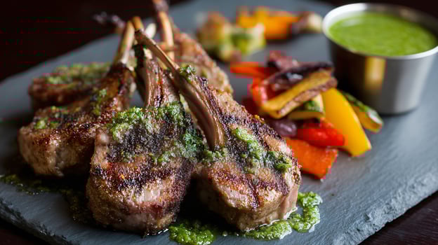 Grilled lamb chops with vegetables photo