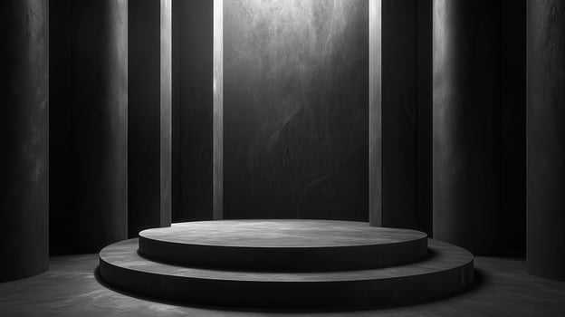 Dramatic spotlight illuminates circular stage amidst imposing architectural columns creating a powerful presentation backdrop photo