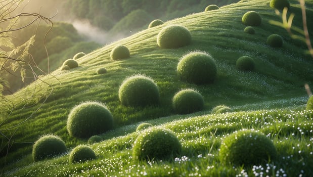 Lush green hills adorned with round shrubs, bathed in morning light, creating a serene landscape photo