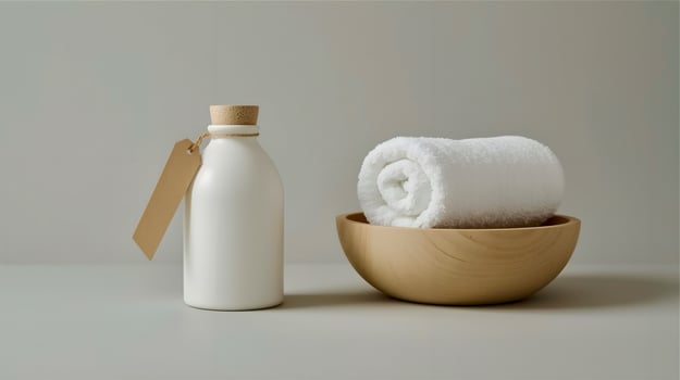 A white towel and a wooden bowl with a label photo