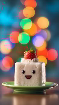 Adorable Kawaii Cake with Strawberry and Blurry Festive Lights. photo