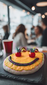 Cheerful Happy Face Pizza Decoration With Tomatoes and Cheese. photo
