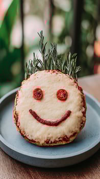 Happy Face Pizza with Rosemary Crown and Tomato Eyes. photo