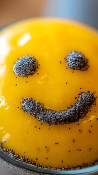 A Cheerful Smiley Face Made From Healthy Chia Seeds on a Vibrant Yellow Smoothie. photo