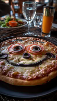 Happy Face Pizza Meal With Orange Juice and Salad. photo