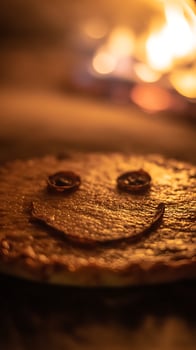 Cheerful Pizza Smile with Warm Fire Bokeh Lighting Background. photo