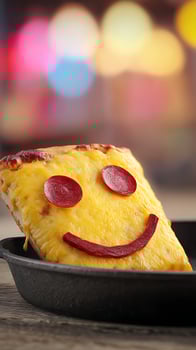 Cheesy Pepperoni Pizza Slice Shaped Like a Smiley Face. photo